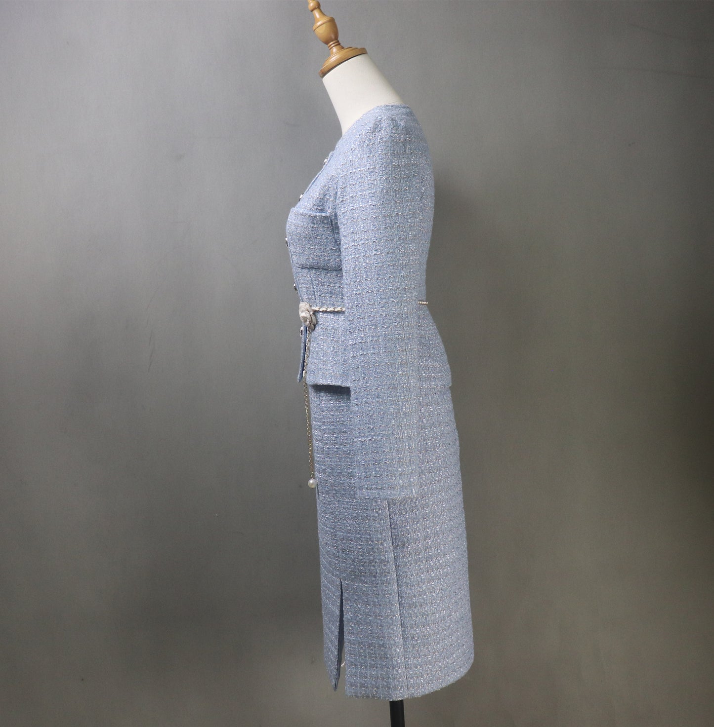 Blue Tweed Long Skirt Suit with a Flower Belt