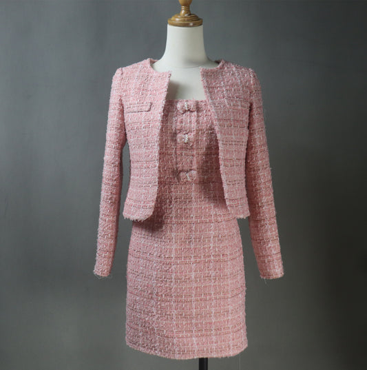 Custom Made Pink Suit Tweed Jacket + Bow Dress