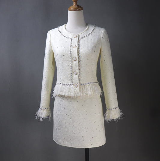 Womens Custom Made White Skirt Suit With Fur Trims