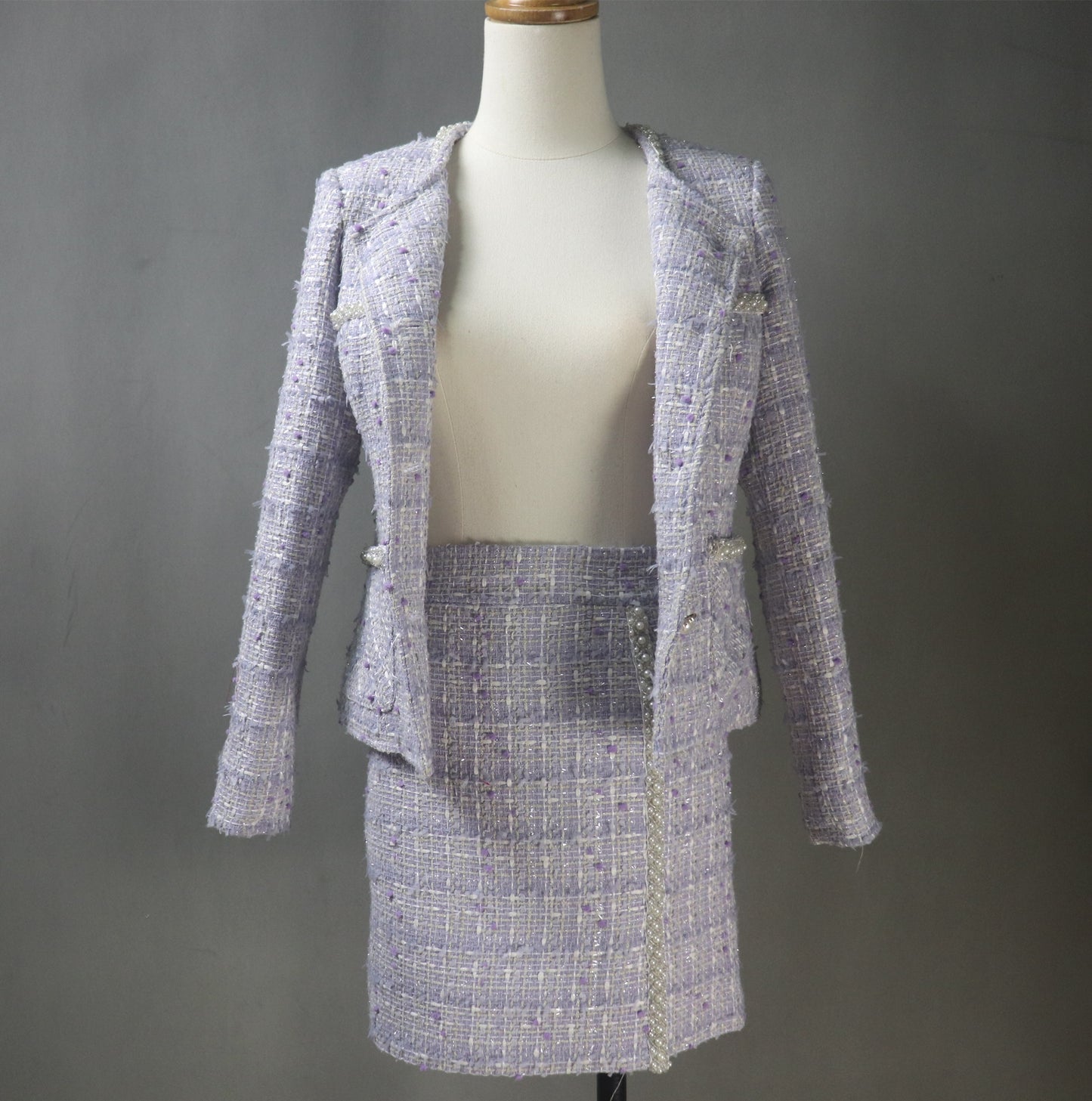 Custom Made Lilac Purple Skirt Suit With Pearls Trims