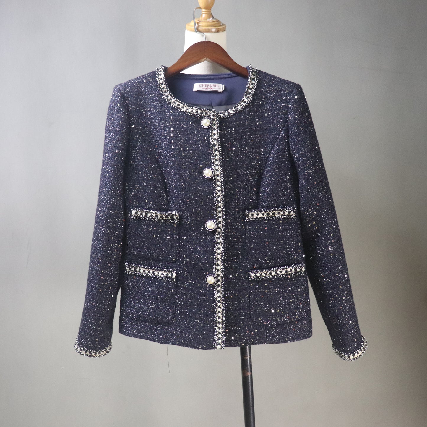 Sequinned Navy Tweed  Custom Made Jacket
