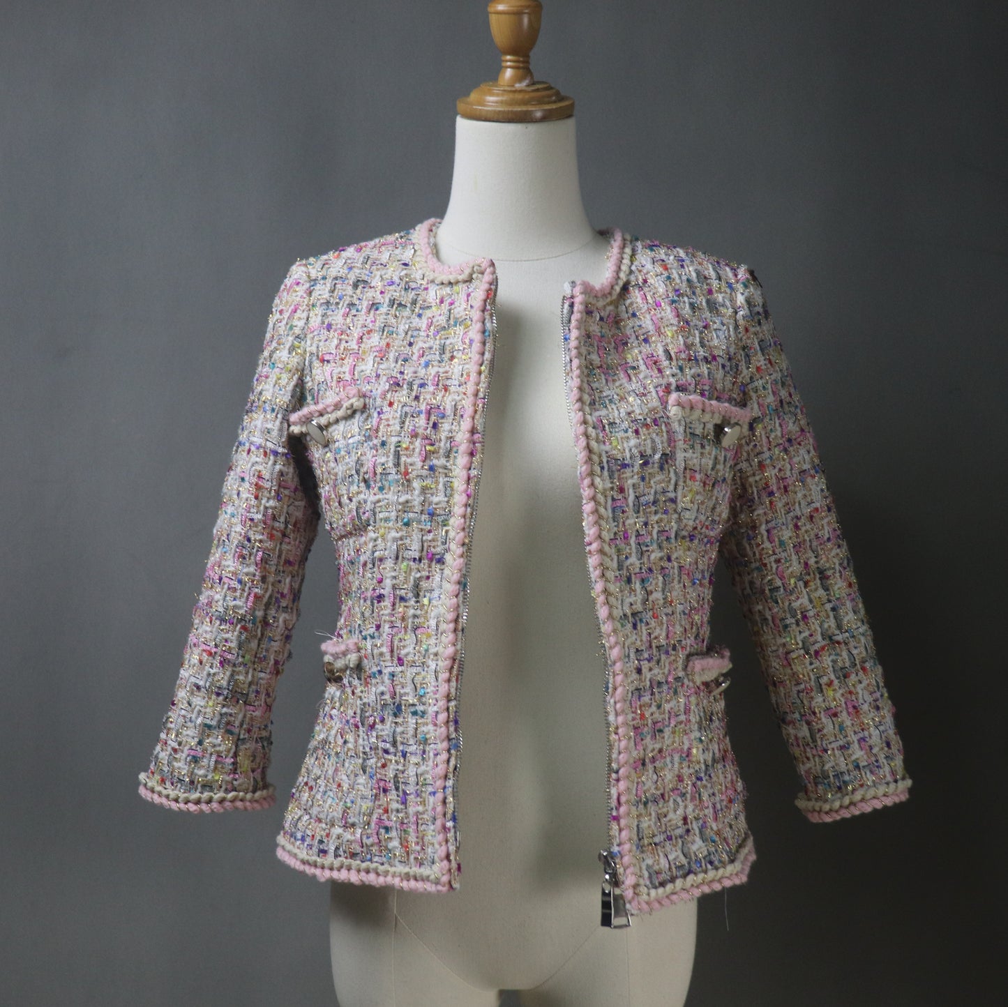 Women Pink Tweed Jacket with Rainbow Colour