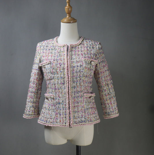 Women Pink Tweed Jacket with Rainbow Colour