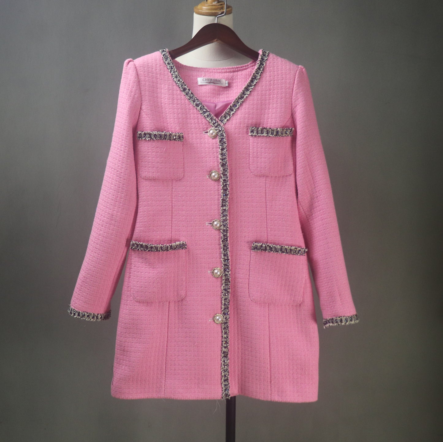 Pink Tweed Custom Made Long Coat with Puff Sleeves