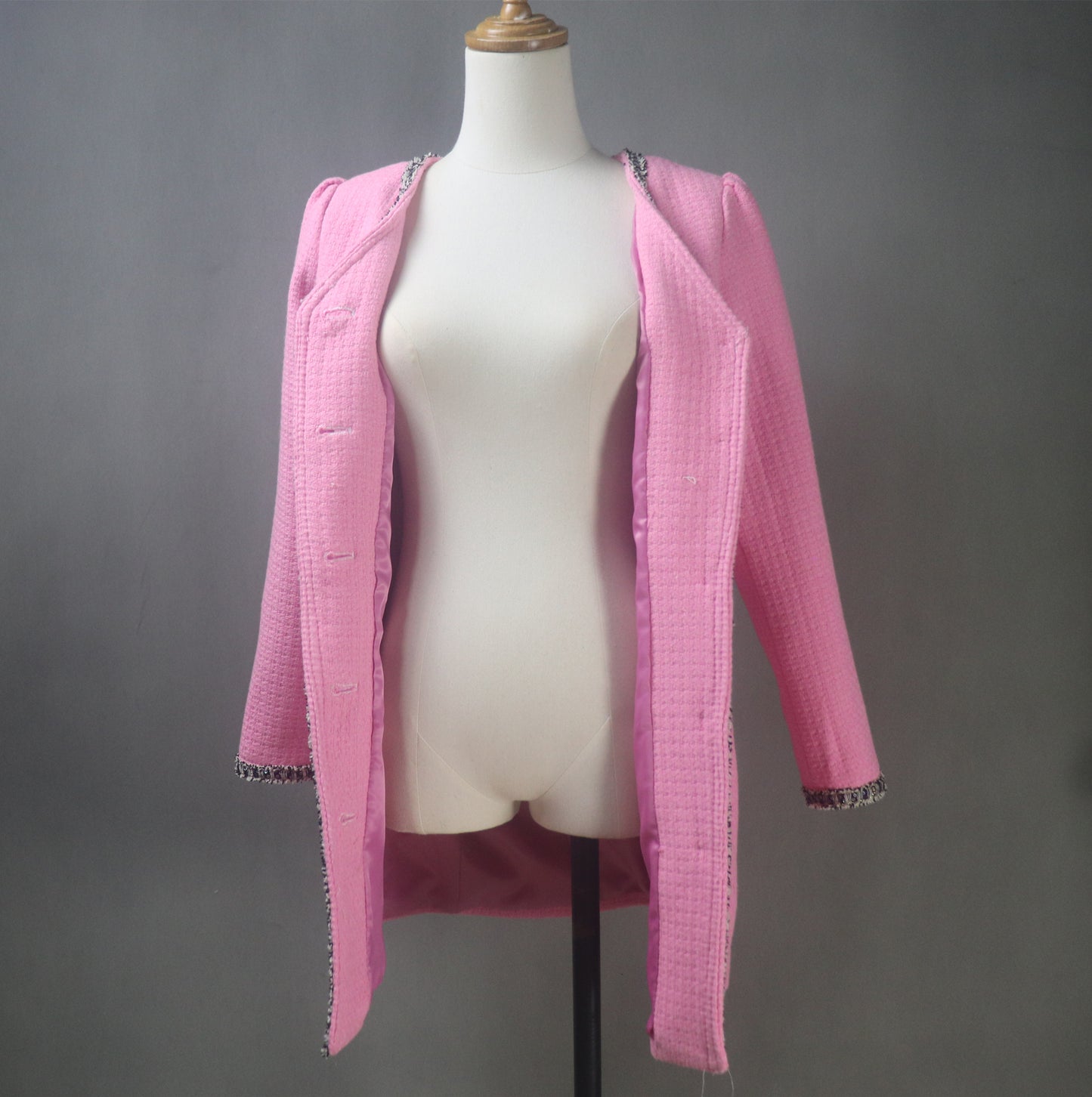 Pink Tweed Custom Made Long Coat with Puff Sleeves