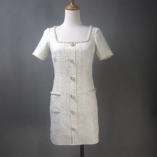 Tweed White Dress with Square Neck and Pearls Buttons
