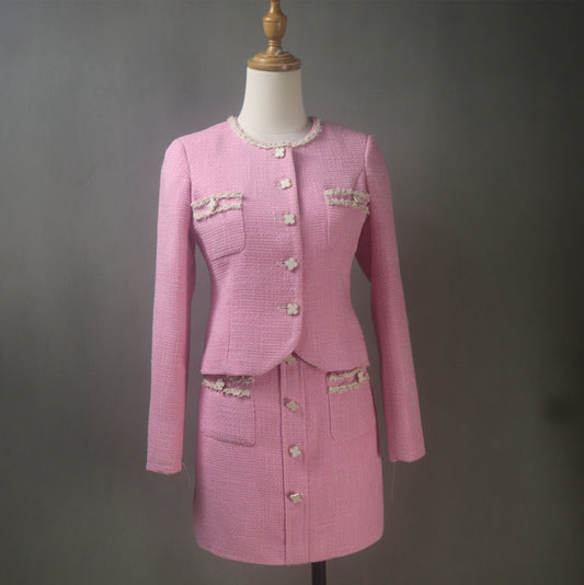 Pink Tweed Skirt Suit With Flower Buttons in Custom Made Sizes