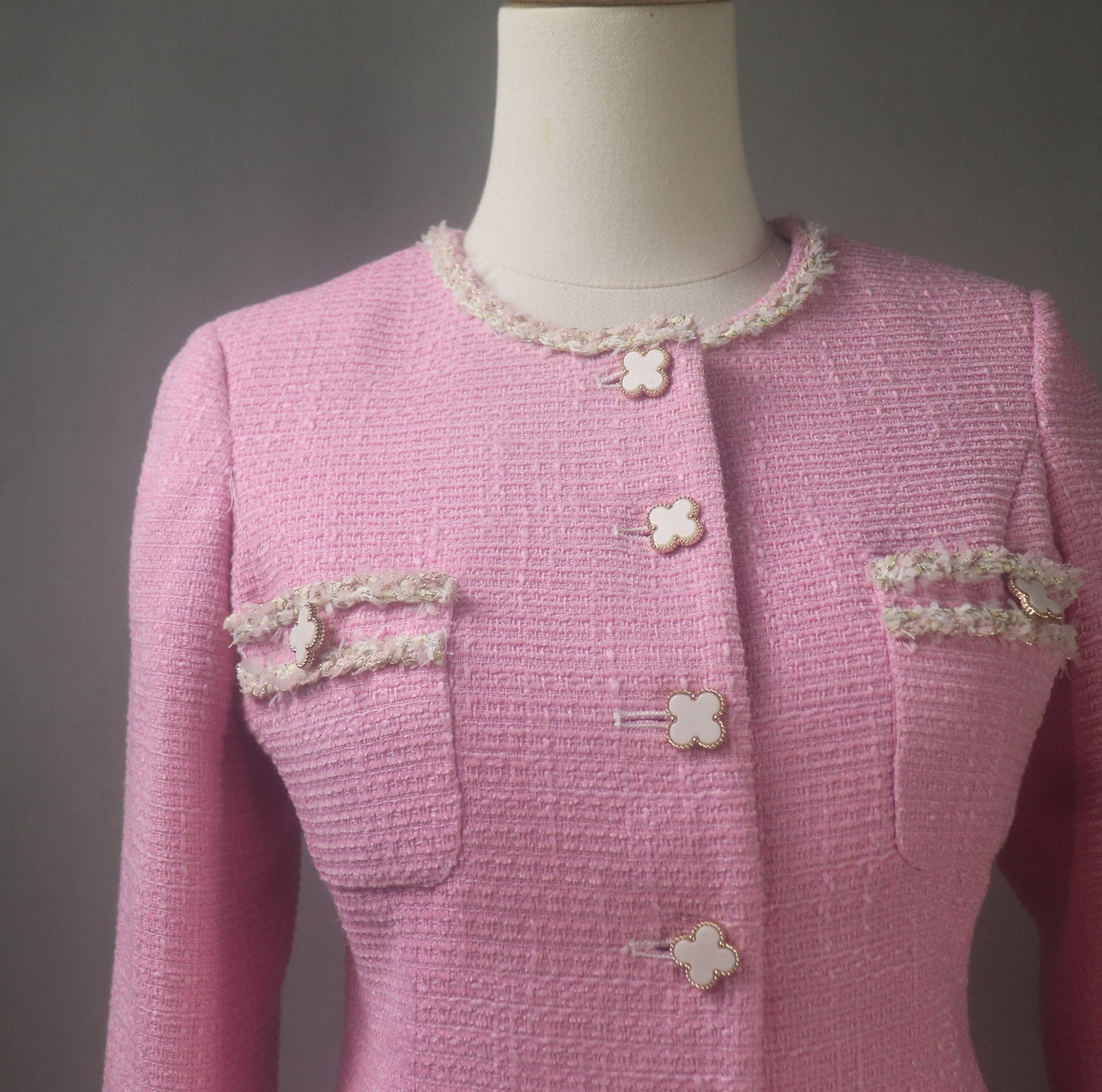 Pink Tweed Skirt Suit With Flower Buttons in Custom Made Sizes