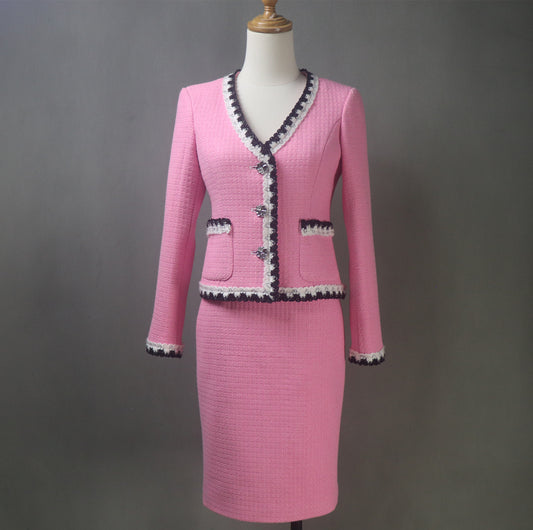 Elegant Custom-Made Spring Summer Tweed Hot Pink Suit