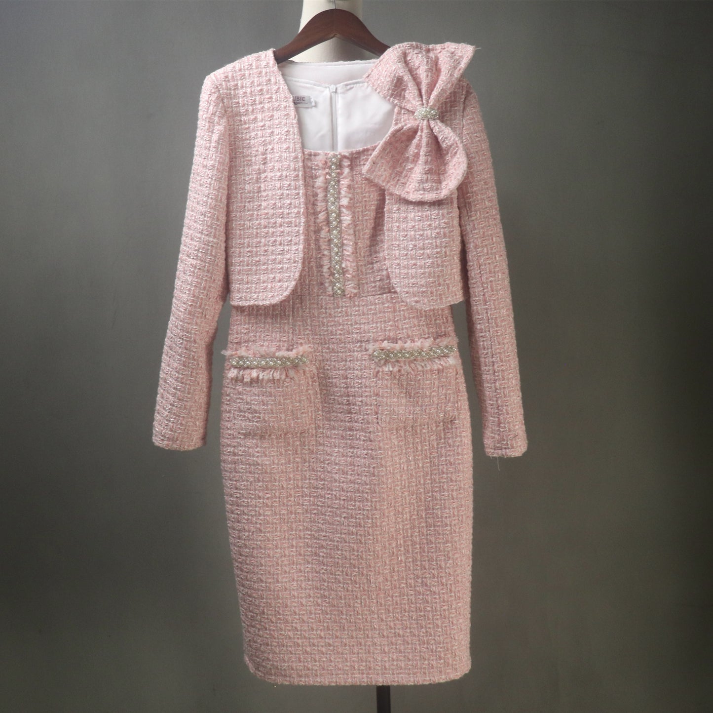 Spring Summer Baby Pink Dress Suit  with Crop Jacket and a Big Bow