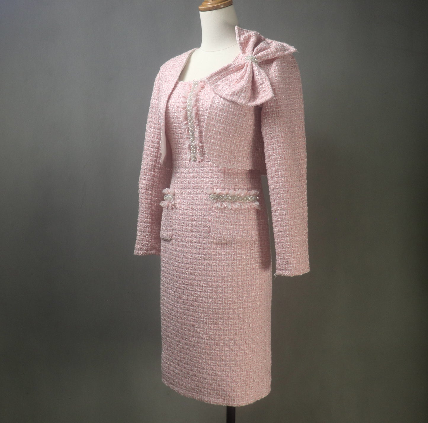 Spring Summer Baby Pink Dress Suit  with Crop Jacket and a Big Bow