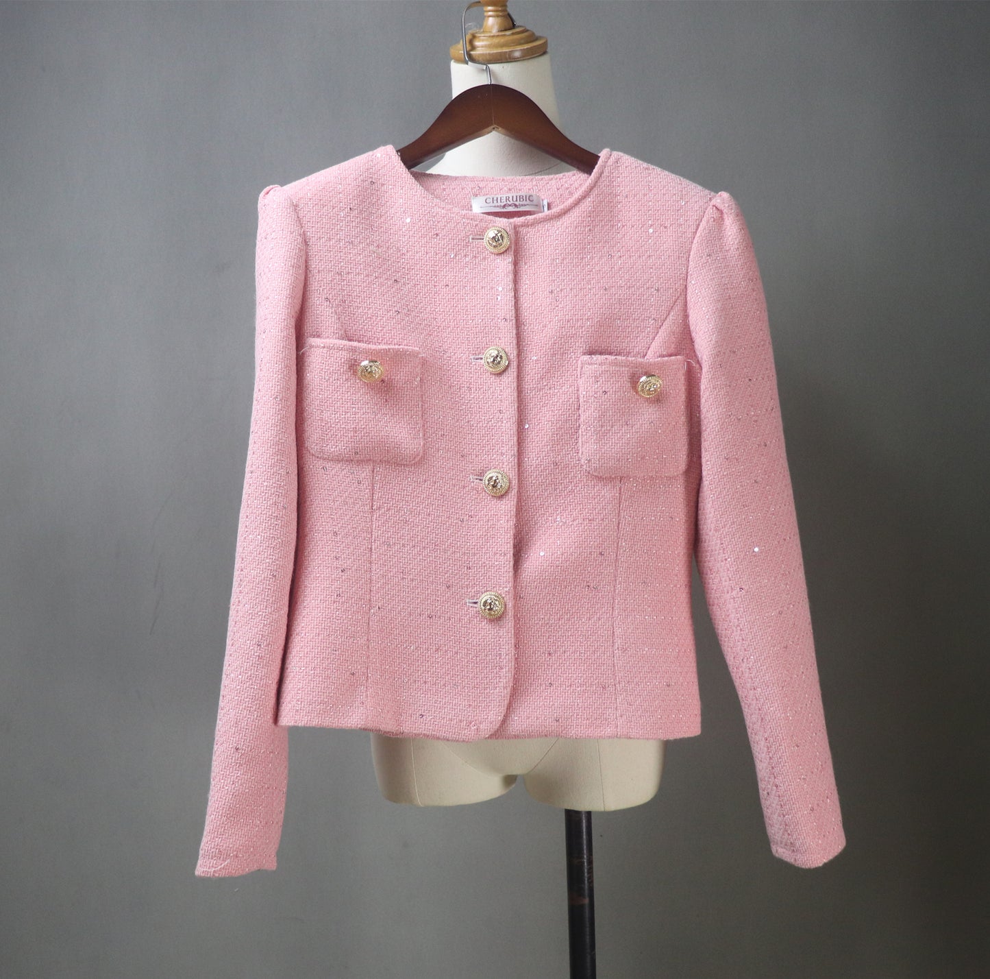 Pink Tweed Midi Skirt Suit with Sequins