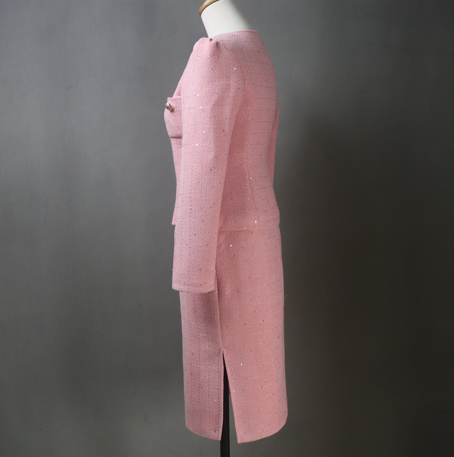 Pink Tweed Midi Skirt Suit with Sequins