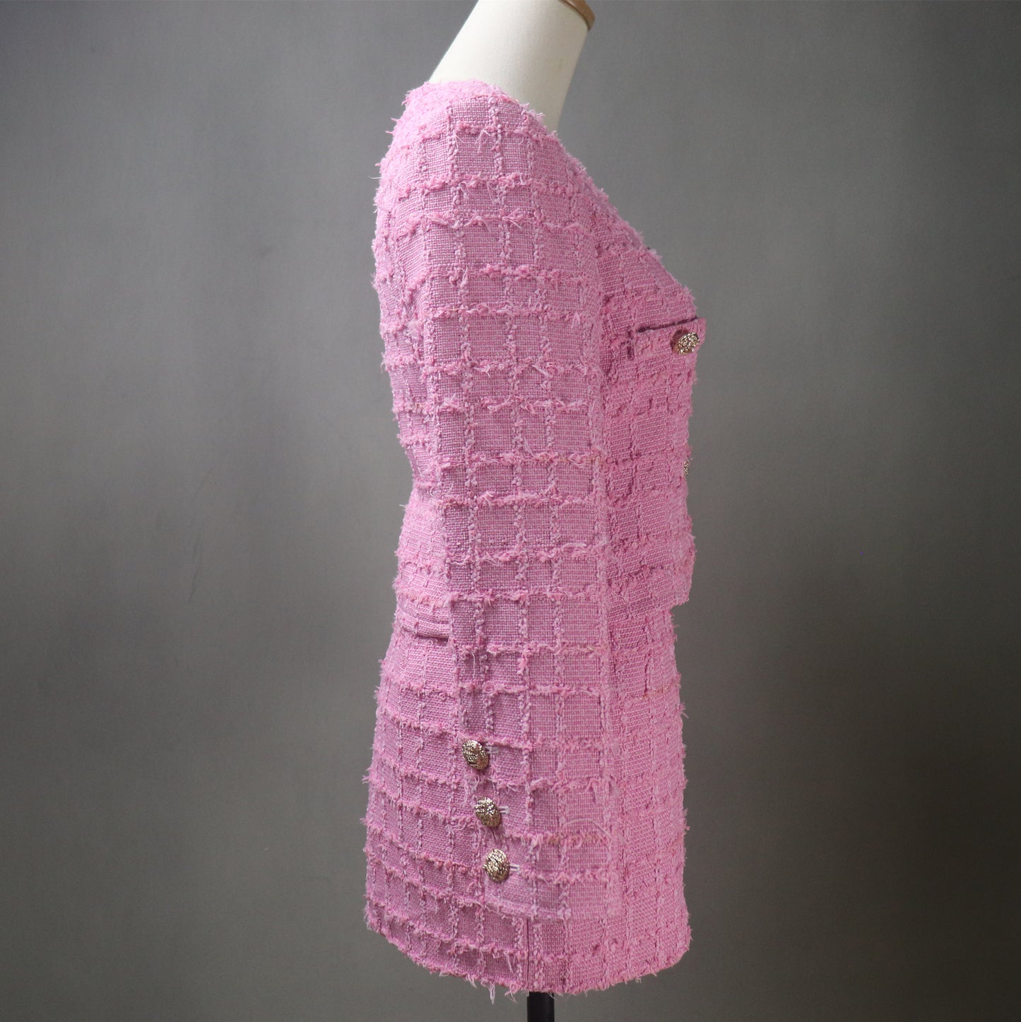 Pink Tweed Skirt Suit with Fluffy Checked Pattern