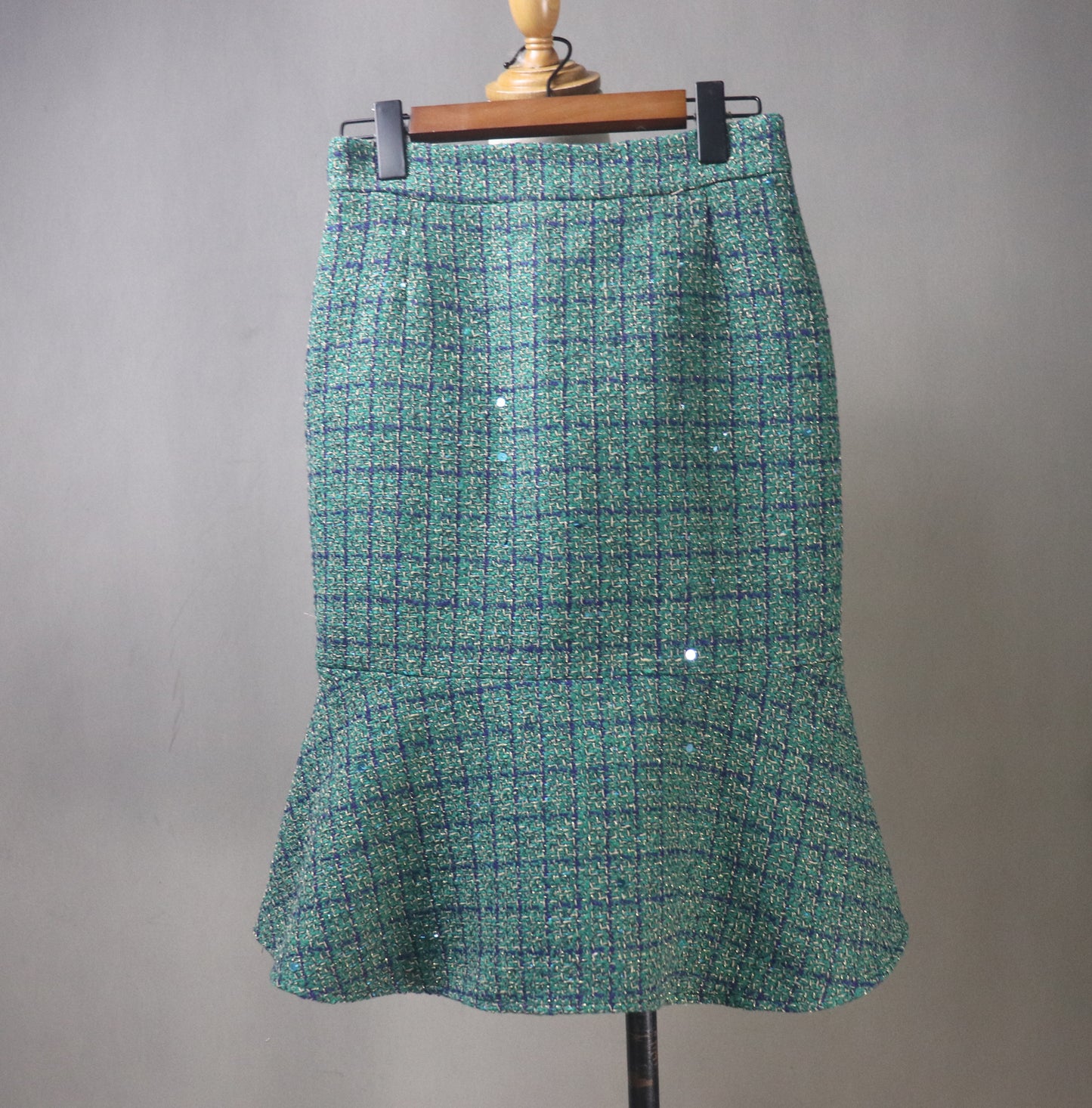 Green Tweed Checked Suit with Fishtail Midi Skirt