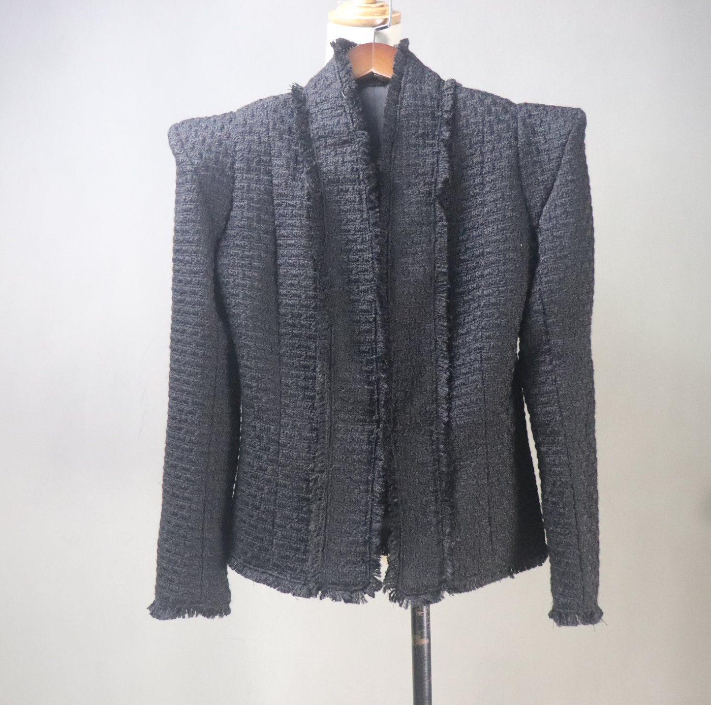 Black Tweed Jacket With High Wide Shoulder