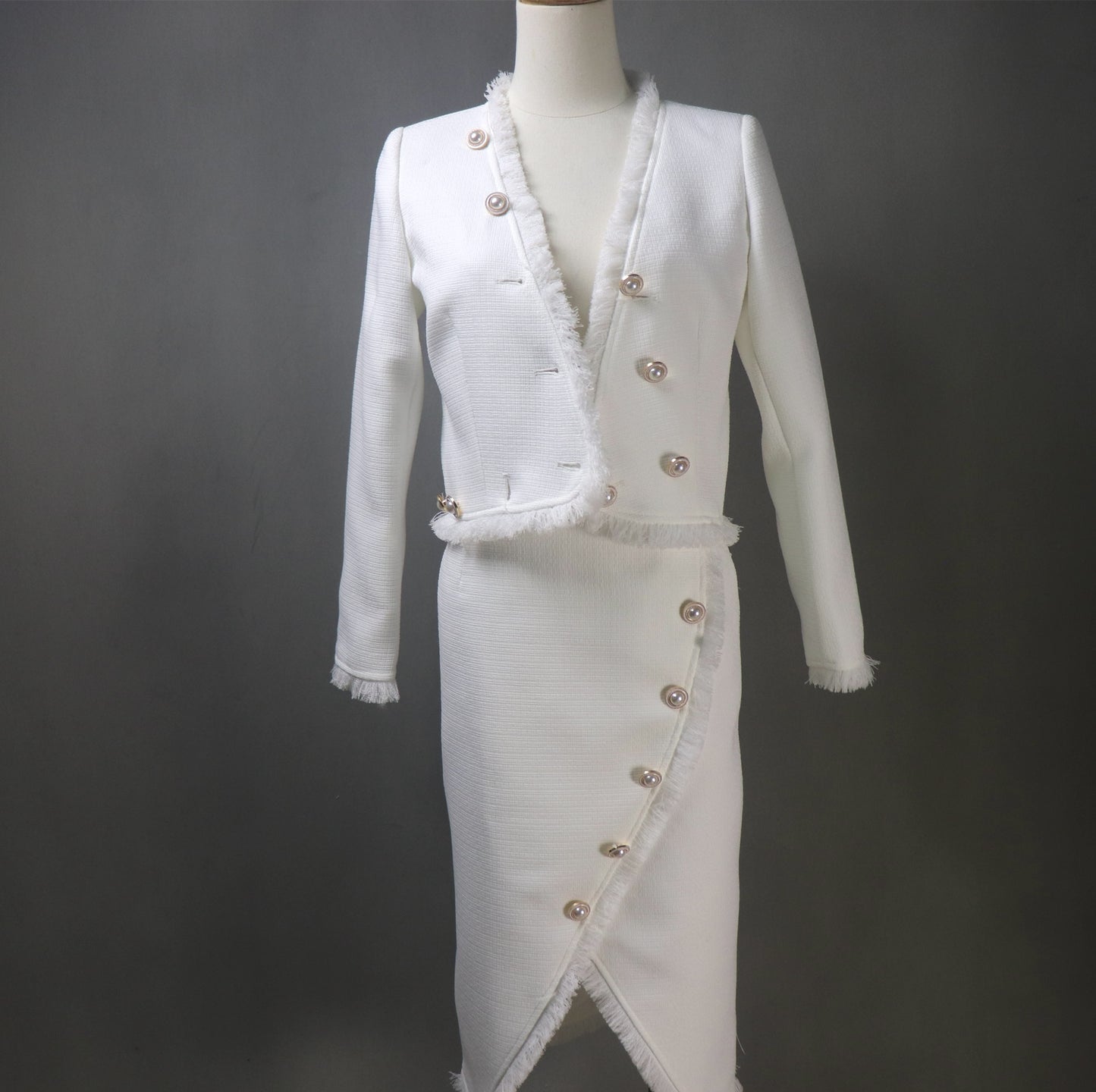 White Asymmetric Skirt Tweed Suit with Big Pearls