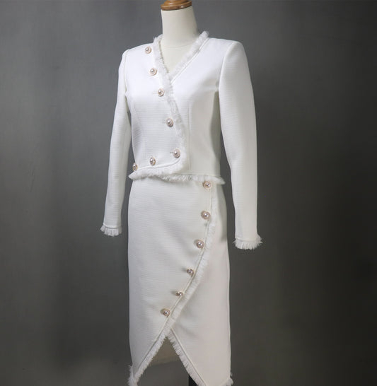 White Asymmetric Skirt Tweed Suit with Big Pearls