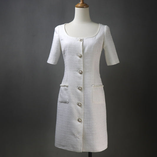 Bespoke White Tweed Dress with Square Neck
