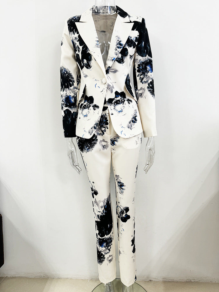 Women's Floral Fitted Beige Blazer + Pencil Pants Trousers Suit