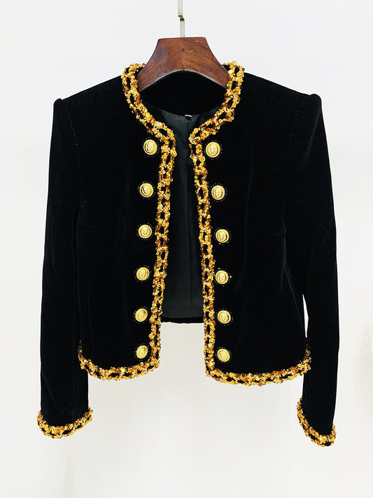 Women Velvet Golden Sequins and Chains Trim Black Loose Fit Jacket Coat