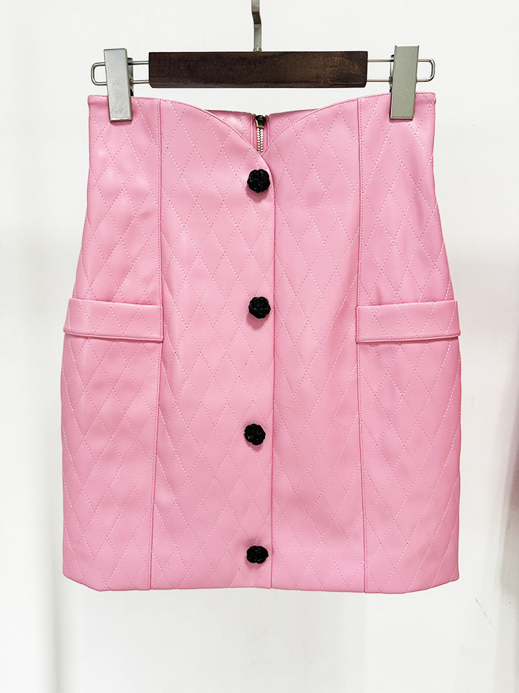 Pink Faux Leather Jacket and Skirt Suit - Crop Quilted Jacket & High Waist Skirt