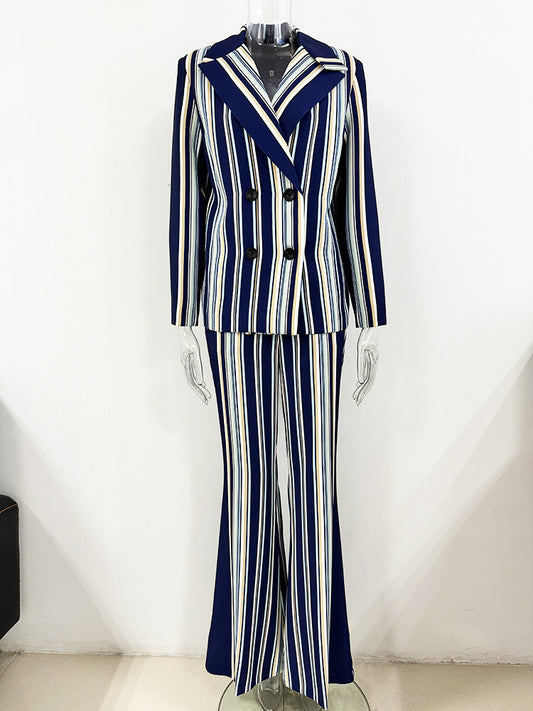 Blue Navy Stripped Suit Loose Blazer + Fitted  Flare Trousers Pants Suit