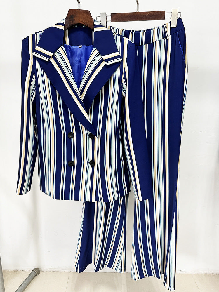 Blue Navy Stripped Suit Loose Blazer + Fitted  Flare Trousers Pants Suit