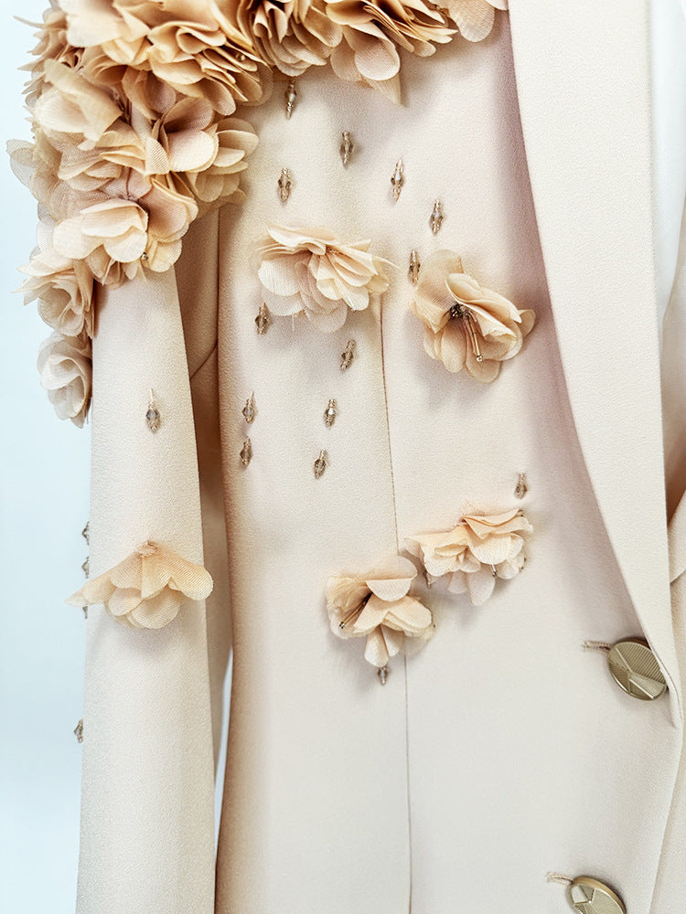 Women Beige Extra Long Gown Maxi Dress with 3D Flowers Decoration Shaw Women Beige Extra Long Gown Maxi Dress with 3D Flowers Decoration Shaw