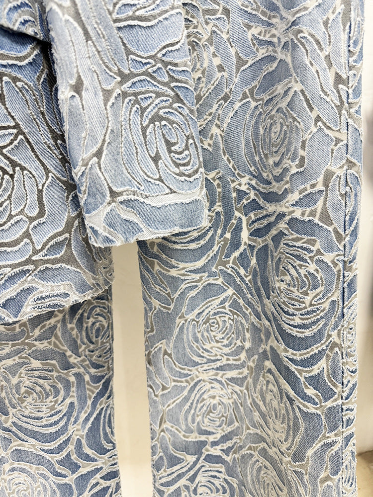 Women’s Floral Denim Suit Set – Vintage Rose Embossed Blazer & Wide Leg Pants Matching Set | Elegant Two Piece Denim Outfit - Fashion Pioneer 