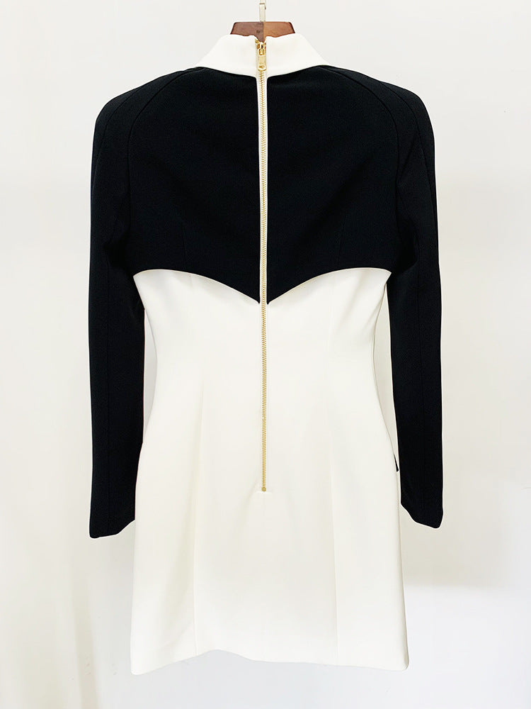 Women Mini Bodycon Dress Black White Collared and Golden Buttons