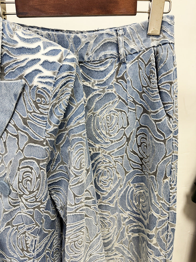 Women’s Floral Denim Suit Set – Vintage Rose Embossed Blazer & Wide Leg Pants Matching Set | Elegant Two Piece Denim Outfit - Fashion Pioneer 