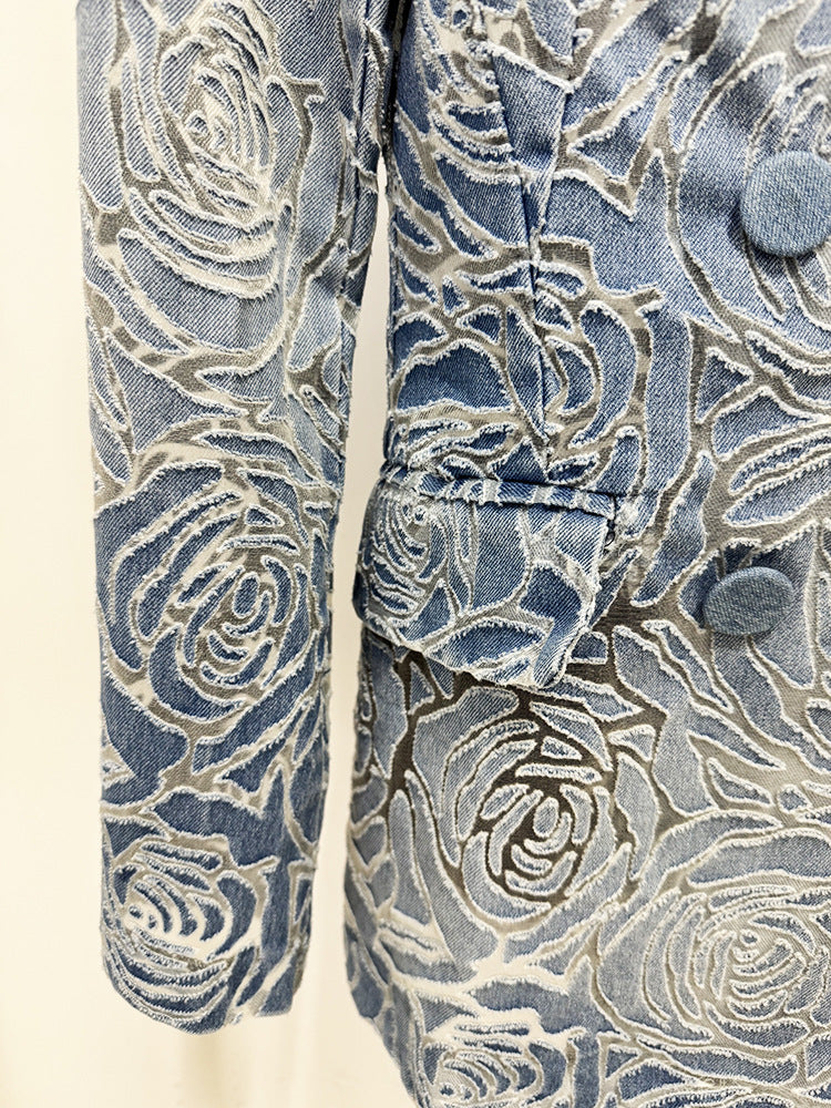 Women’s Floral Denim Suit Set – Vintage Rose Embossed Blazer & Wide Leg Pants Matching Set | Elegant Two Piece Denim Outfit - Fashion Pioneer 