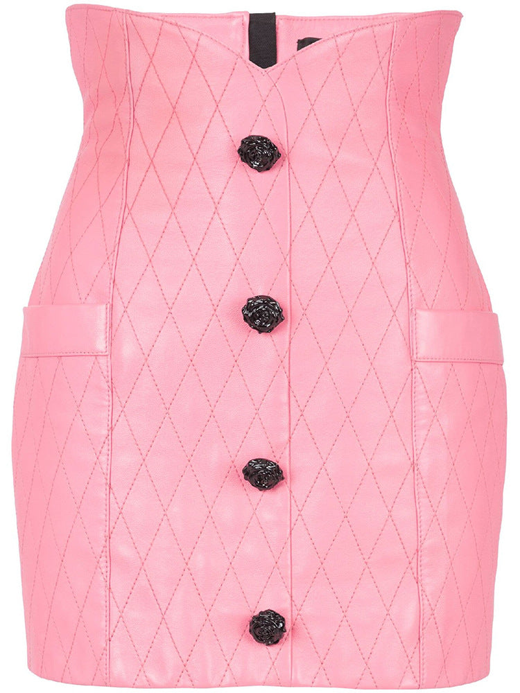 Pink Faux Leather Jacket and Skirt Suit - Crop Quilted Jacket & High Waist Skirt