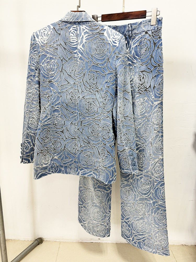 Back view of women's floral denim suit set with rose textured pattern and wide leg denim trousers matching set