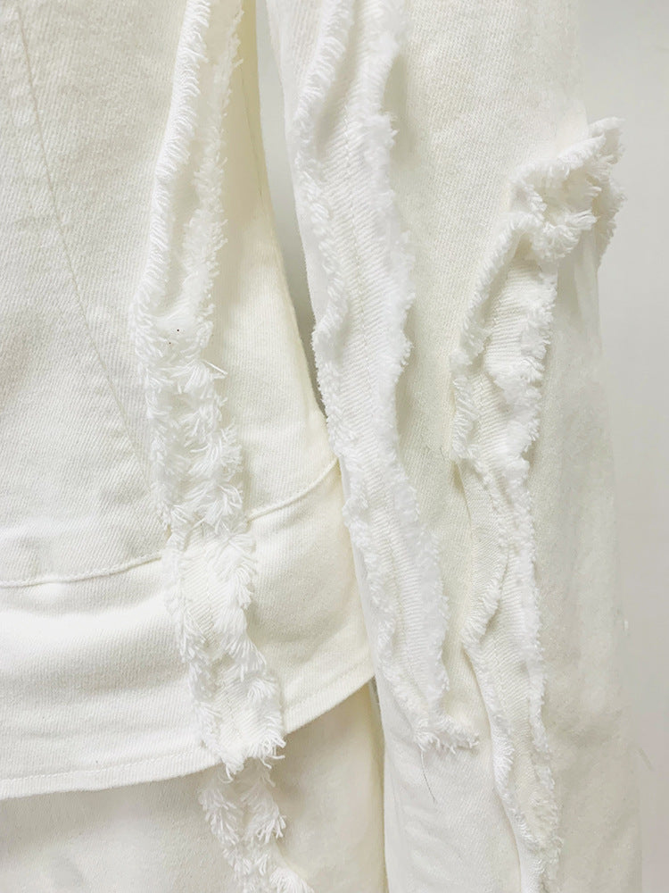 Women's White Denim Fringe Tassel Blazer with Padded Shoulders + Flare Trousers