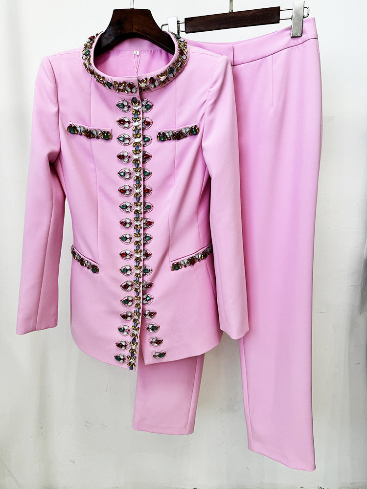 Pink Blazer Jacket with Jewellery Decor + Slim-Fit Cigarette Trousers Pants Suit