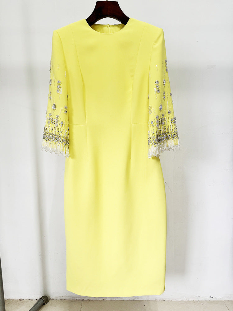 Women Yellow / Lavender with Sequins Diamonds Jewellery Midi Dress