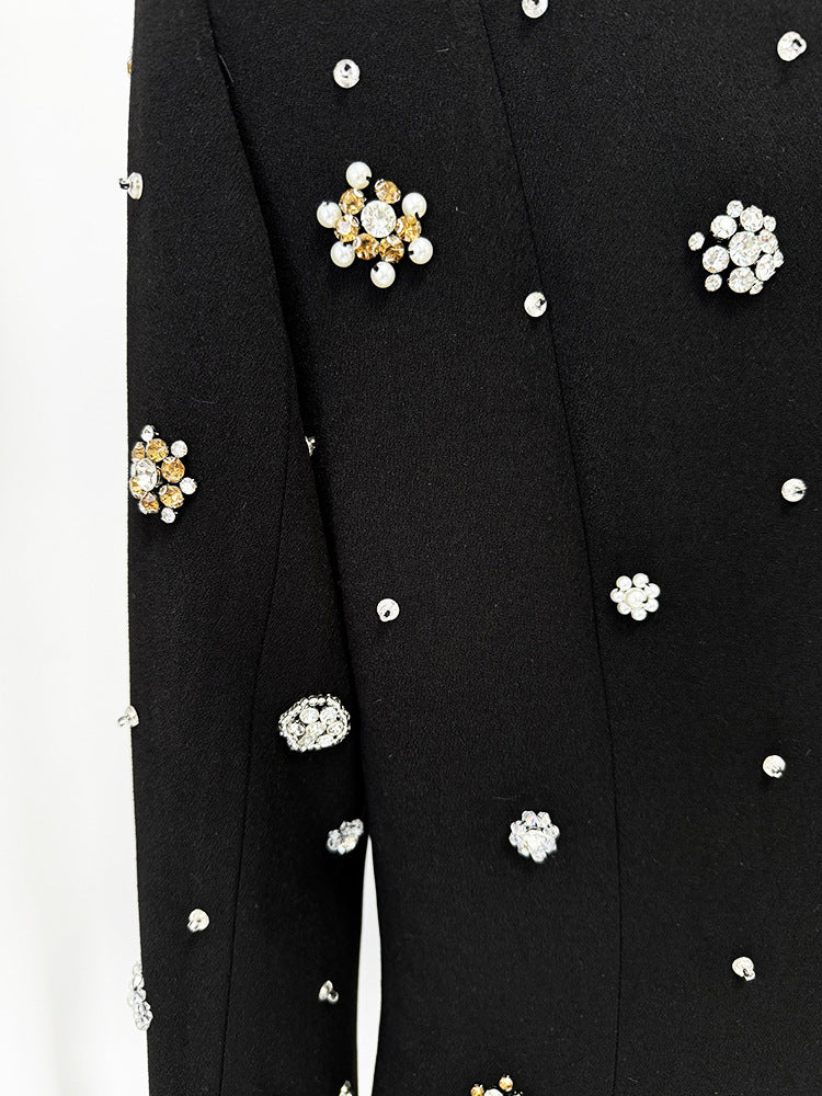 Celebrity-Inspired Black Beaded Rhinestone Bodycon Maxi Gown Dress