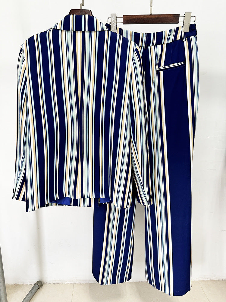 Blue Navy Stripped Suit Loose Blazer + Fitted  Flare Trousers Pants Suit