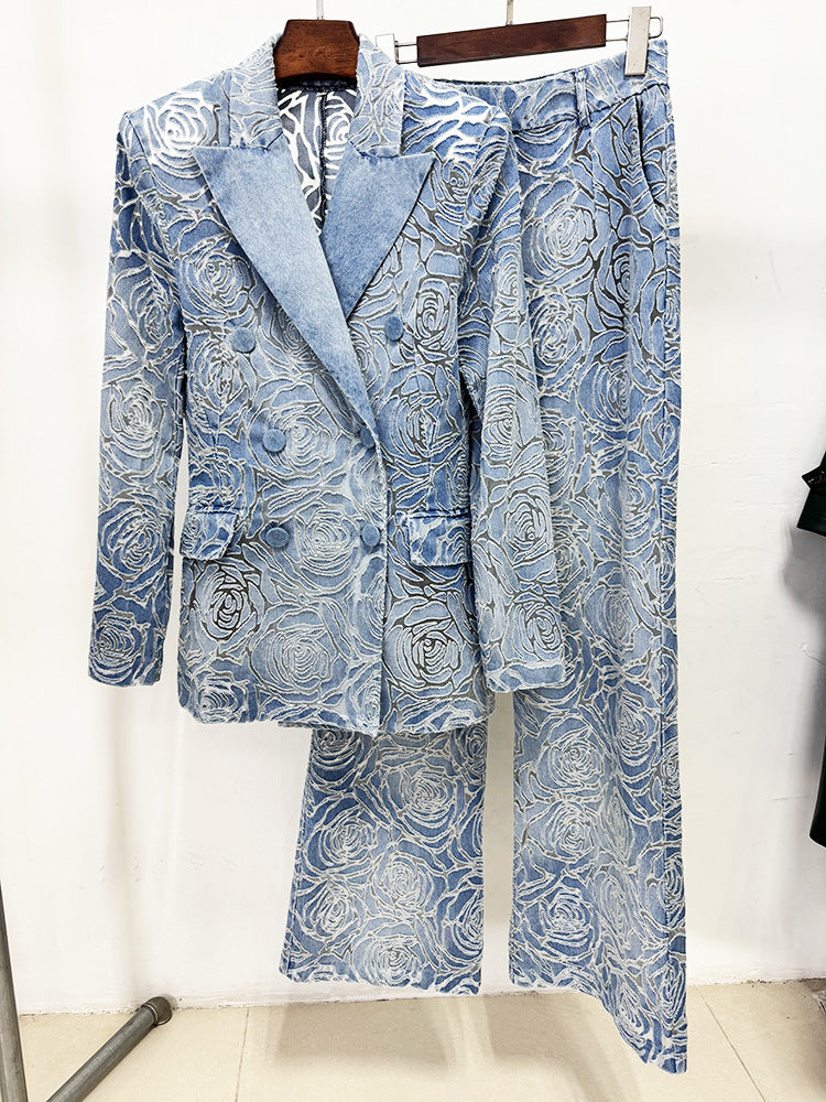 Elegant women's two piece denim suit with floral rose pattern blazer and high waist wide leg pants
