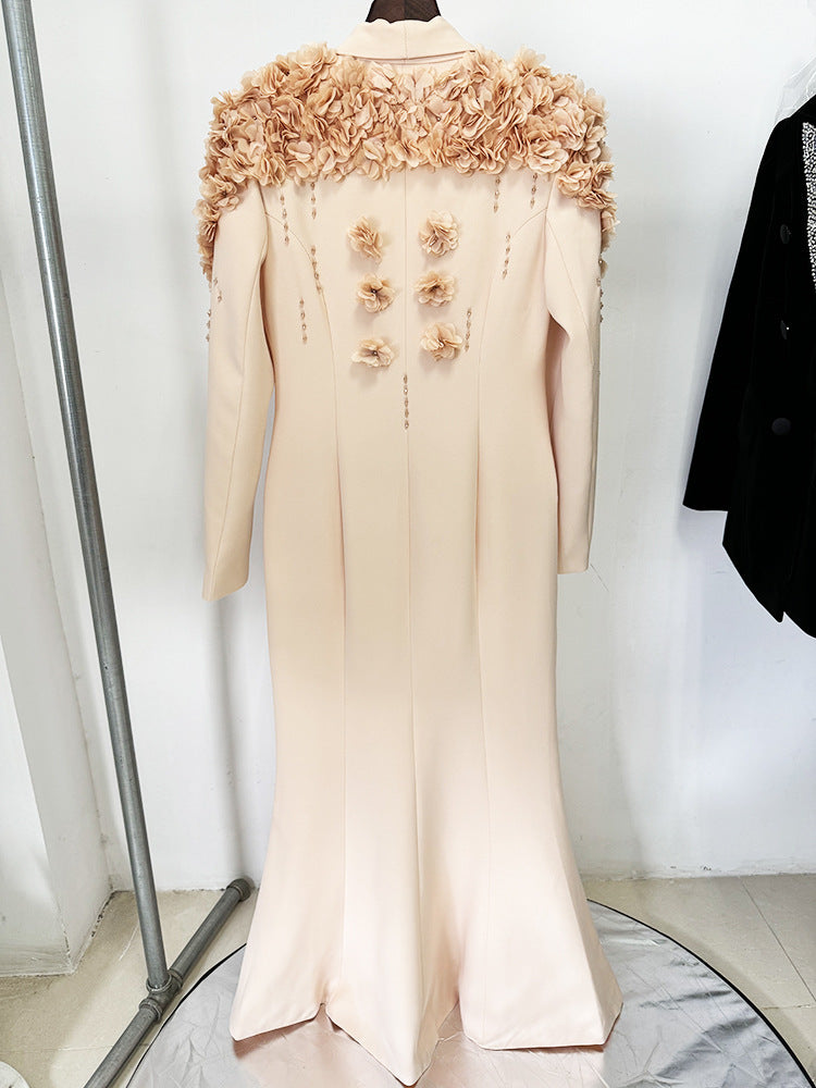 Women Beige Extra Long Gown Maxi Dress with 3D Flowers Decoration Shaw Women Beige Extra Long Gown Maxi Dress with 3D Flowers Decoration Shaw