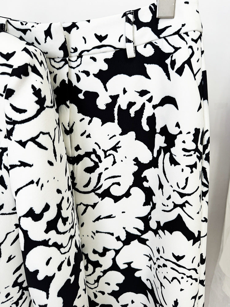 Black White Abstract Print Blazer + Straight Trousers Suit