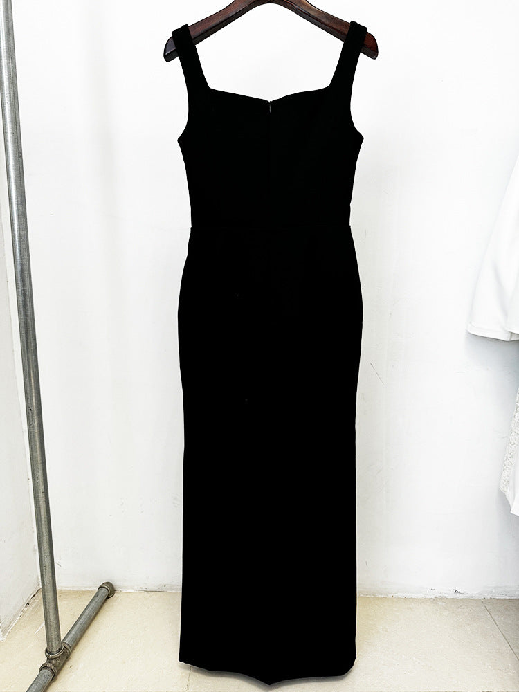 Celebrity-Inspired Black Beaded Rhinestone Bodycon Maxi Gown Dress