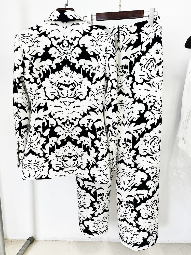 Black White Abstract Print Blazer + Straight Trousers Suit