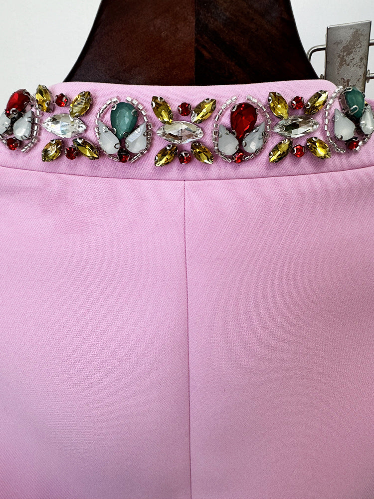 Pink Blazer Jacket with Jewellery Decor + Slim-Fit Cigarette Trousers Pants Suit