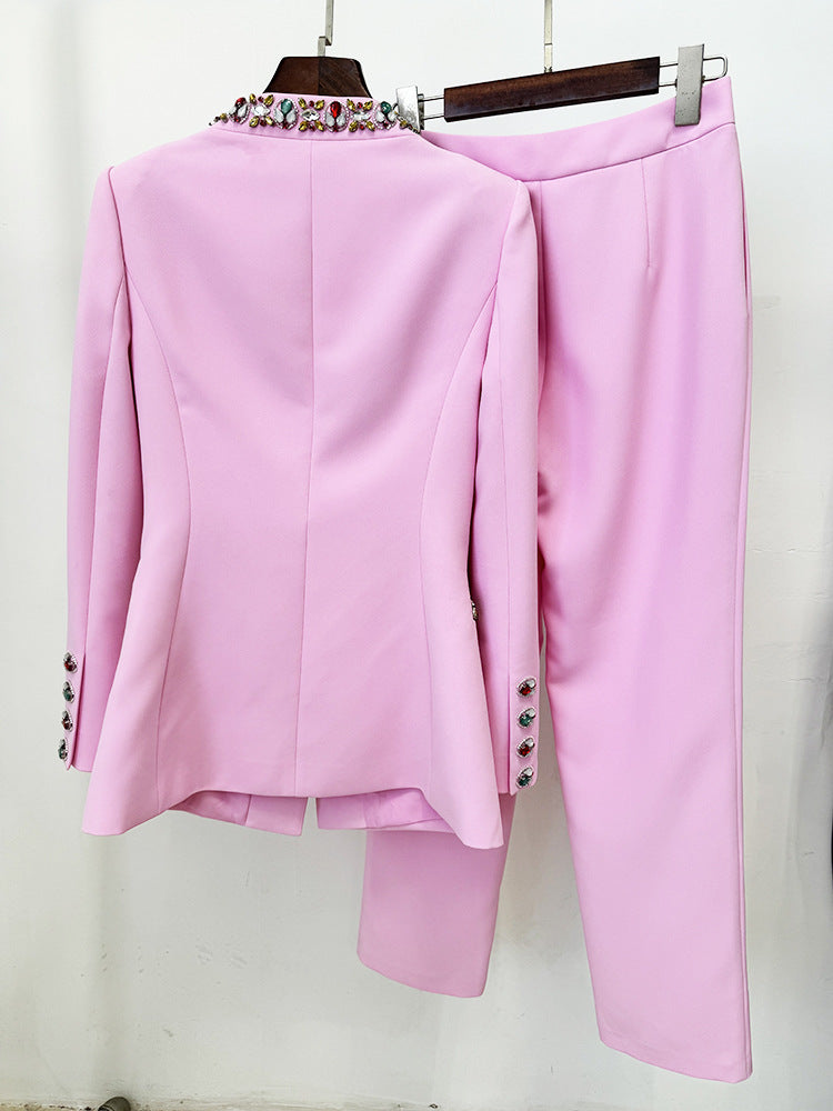 Pink Blazer Jacket with Jewellery Decor + Slim-Fit Cigarette Trousers Pants Suit