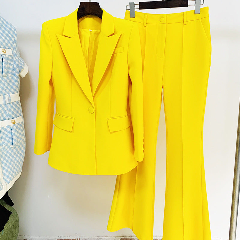 Women One-Button Blazer + Flare Trousers Suit - 6 Colors Available