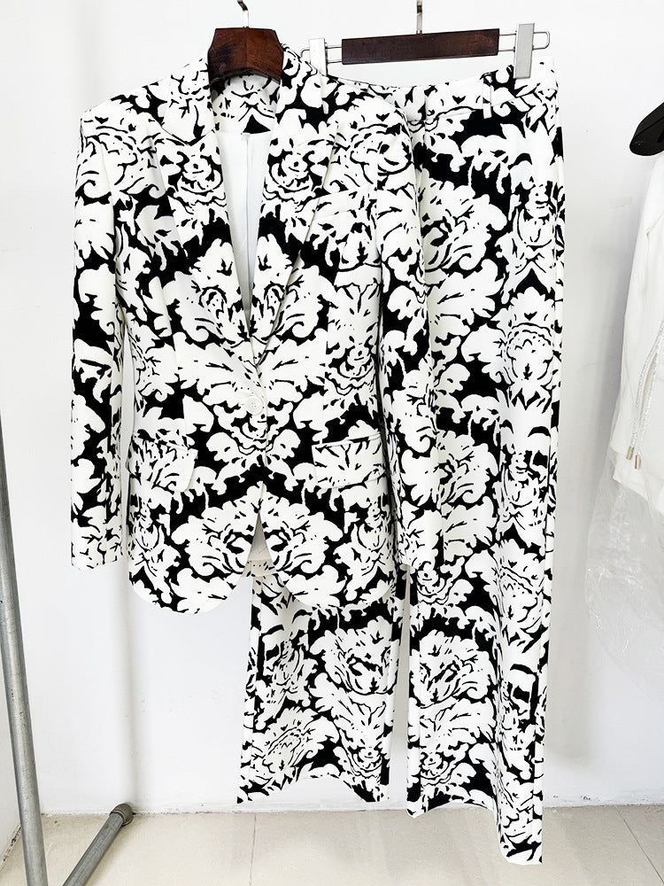 Black White Abstract Print Blazer + Straight Trousers Suit