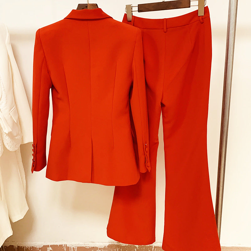 Women One-Button Blazer + Flare Trousers Suit - 6 Colors Available